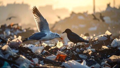 Seagull lands near a crow in a sunlit garbage heap, creating a scene of scavenging birds at a landfill