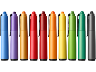 Row of colorful markers isolated on transparent background, perfect for school, art, and creative project visuals.