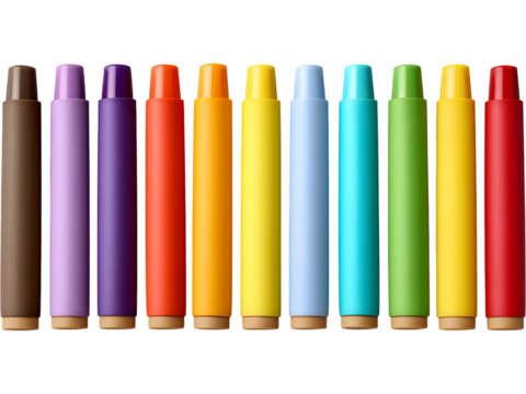 Row of colorful markers isolated on transparent background, perfect for school, art, and creative project visuals.