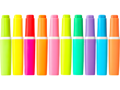 Row of colorful markers isolated on transparent background, perfect for school, art, and creative project visuals.