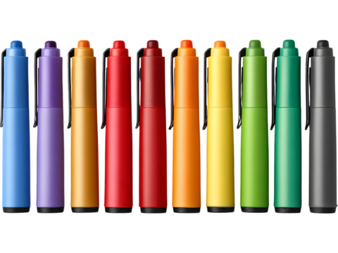 Row of colorful markers isolated on transparent background, perfect for school, art, and creative project visuals.