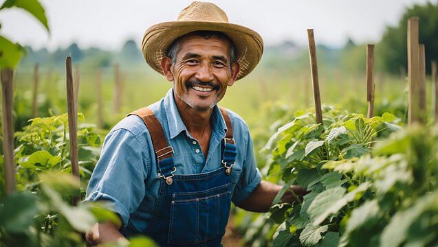 Happy Senior Farmer Inspecting Crops in Field on a Sunny Day