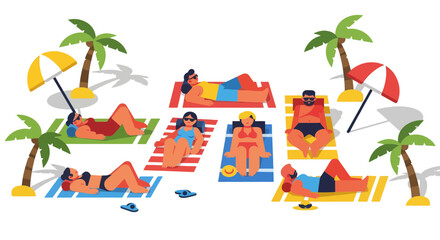 Sunbathers In Festive Beachwear Relaxing Under Umbrellas And Palms On A Dark Background