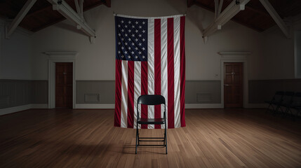 American flag chair in empty hall patriotic symbol us national pride united states of america