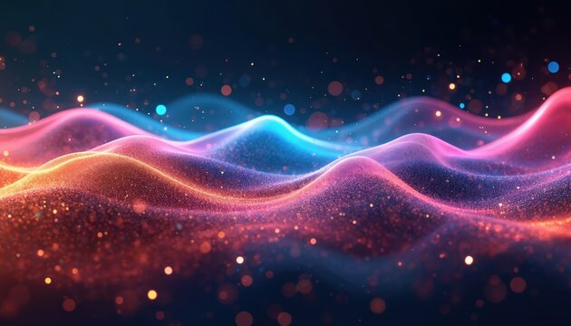 Abstract tech backdrop displays waves, sparkles. Soft lights emanate from backdrop. Pink orange, blue gradient glows. Artificial intelligence, machine learning background. Tech innovations - Powered by Adobe