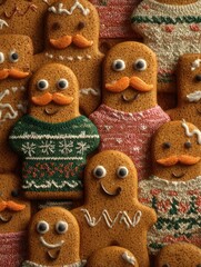 Fototapeta premium funny gingerbread cookies wearing ugly holiday sweaters and eyes and a mustache no logos no brands ar 34