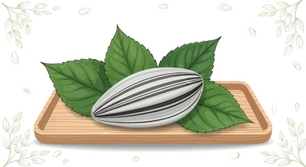 Sunflower Seed and Leaves Displayed on Wooden Tray with Detailed Artistic Rendering