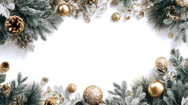 festive christmas frame with pine branches gold ornaments and snowy pinecones christmas and new year celebration