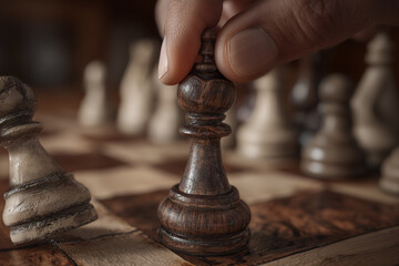 Fototapeta premium Hand making a strategic move with a wooden chess piece on classic board game.