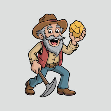 Illustration of cartoon miner prospector holding gold nugget and pickaxe happy after finding fortune adventure and mining concept vector