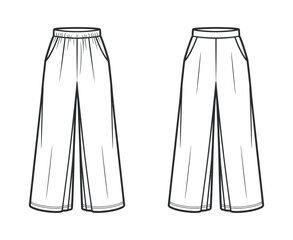 Illustration of Trendy Women's Culottes Pants with Elastic Waist and Front Pockets Fashion Design Template in Vector Format Isolated on White Background