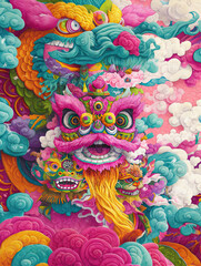 vibrant and intricate drawing of mythical creature surrounded by colorful clouds, detailed patterns and vivid colors that evoke sense of wonder and imagination
