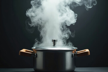Steam billows from a cooking pot lid with wooden handles. Kitchen appliance releases vapor during meal prep. Hot food is being made on stove.