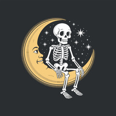 Illustration of Skeleton Sitting on Moon With Face and Stars Isolated on Dark Background Clean Composition 180 Characters
