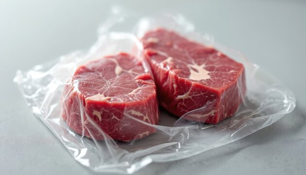 Two raw beef steaks are vacuum-sealed in clear plastic wrap. The meat is fresh with visible marbling. This packaging preserves quality and freshness for consumers. - Powered by Adobe