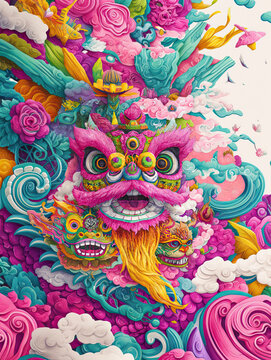 vibrant and intricate drawing of mythical creature with colorful details, featuring swirling patterns and floral elements that evoke sense of wonder and imagination