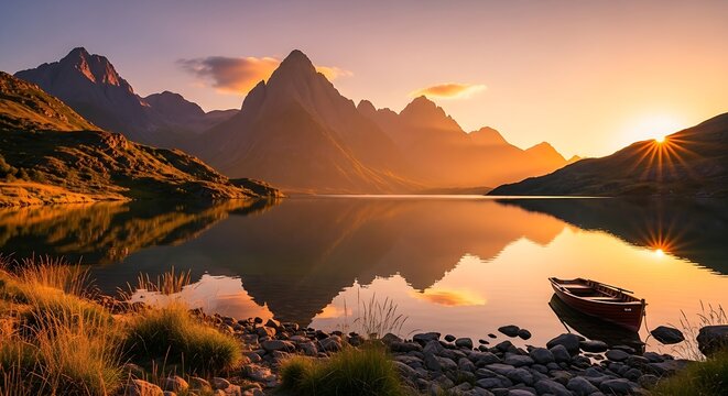A serene lake reflecting mountains with a boat at sunset in a golden light landscape view