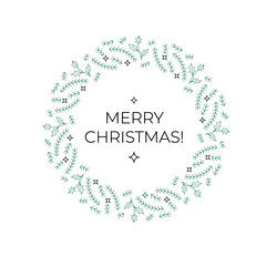 Minimalist Christmas card with Merry Christmas lettering surrounded by circular pine and holly wreath on white background, perfect for holiday greetings and festive seasonal design
