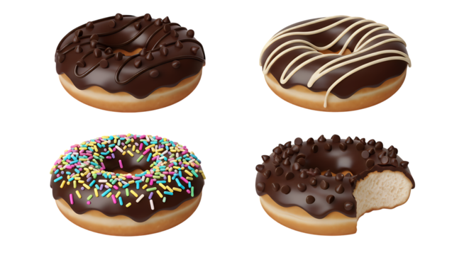 Variety of delicious chocolate donuts with sweet glazes and colorful sprinkles, perfect dessert treats, beautifully isolated on a clean transparent background