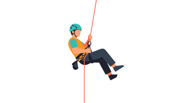 Silhouette Of A Climber Rappelling Down With Protection Equipment And A Helmet