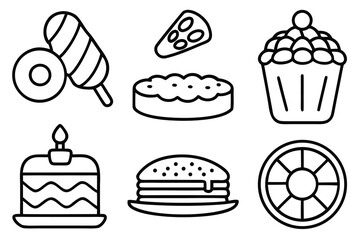 Set of bakery and dessert icons in a clean black outline vector style.