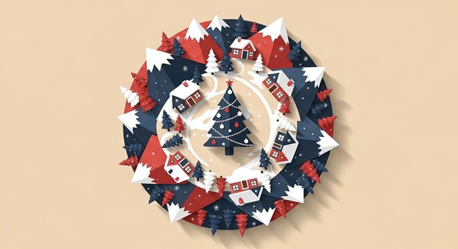Abstract Winter Scene with Christmas Tree, Houses, Mountains, and Pine Trees Arranged in a Circular Design on Light Beige Background