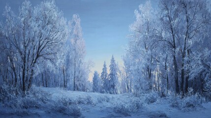 Fototapeta premium the silent art of a freezing night a magical glacial border of shimmering white frost embracing a central soft blue winter sky