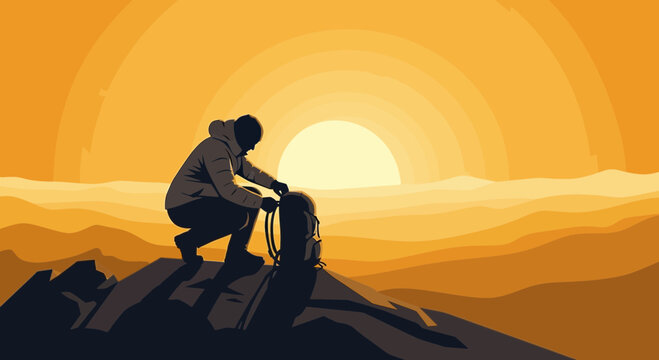 Silhouette Of Adventurer Taking A Break During Sunrise With Backpack On Hill