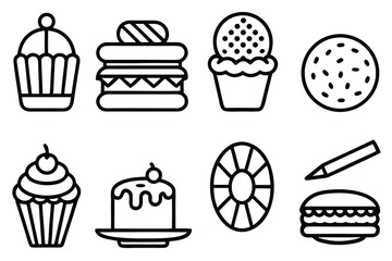 Set of bakery and dessert icons in a clean black outline vector style.