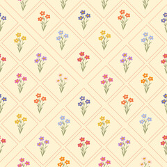 Seamless retro floral pattern with colorful small flowers in a diamond grid on a light background. Vintage wallpaper or fabric print