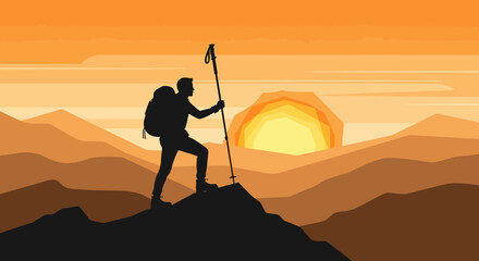 Silhouette Of Hiker Ascending Mountain At Sunset Capturing Adventure And Perseverance