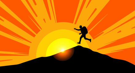 Silhouette Of Hiker Ascending Mountain Towards Sunset Represents Overcoming Challenges and