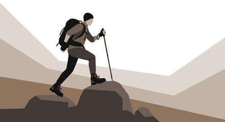 Silhouette Of Hiker Ascending Rocky Terrain With Backpack And Trekking Pole