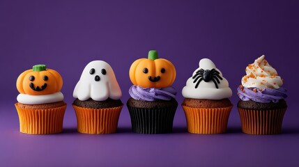 stack of halloween cupcakes with pumpkin ghost and spider decorations against a vibrant purple backdrop creating a festive and spooky treat display