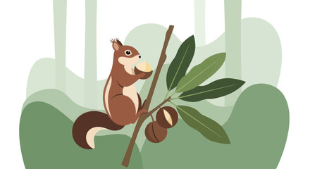 Squirrel Enjoying a Nut in a Stylized Forest Environment Illustration Design