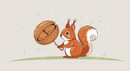 Squirrel Finds Shelter Under Walnut Umbrella During Rainy Weather in Adorable Cartoon Illustration