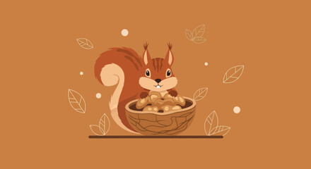 Squirrel Enjoying Nuts In An Adorable Illustration And Beautiful Autumn Colors