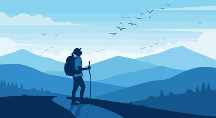 Silhouette Of Hiker Observing Birds Over Mountain Range In Azure Blue Landscape