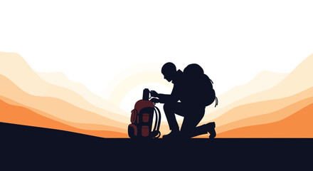 Silhouette Of Hiker Kneeling With Backpack Observing Mountain Landscape At Sunset