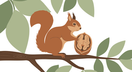 Squirrel Holding a Walnut on a Branch Nestled Amidst Green Foliage Illustration