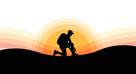Silhouette Of Hiker Kneeling While Tying Shoe On Landscape Background At Sunset Evening