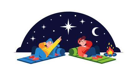 Stargazing Adventure: Two Friends Enjoying a Night Under the Stars, Campfire