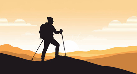 Silhouette Of Hiker Observing Mountain Landscape During Beautiful Sunset Scenery