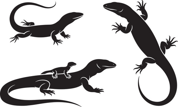 Black silhouettes of monitor lizards adult and baby in various positions vector illustration set