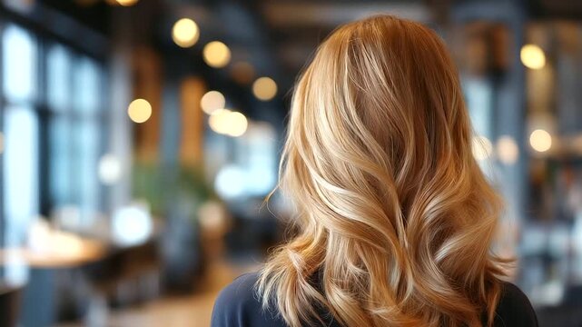 Close up back view of head displaying freshly applied blonde highlights and lowlights color gradation visible salon interior with styling chairs defocused behind professional