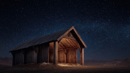 wooden stable at dark blue starry night jesus christ birth concept with copy space