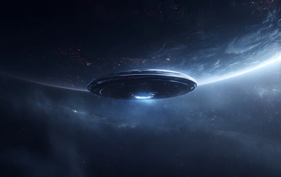 Unidentified Flying Object hovering near a planet in deep space filled with stars and nebulae illuminating the craft with bright blue light concept for science fiction