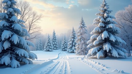 A snow winter Christmas landscape scene with snowy trees
