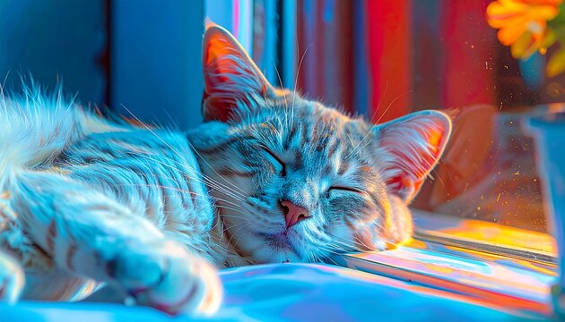 Serene tabby cat napping in warm sunlight beside stacked books, bathed in blue hues - Powered by Adobe
