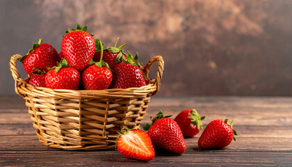 Fresh strawberries in basket on wooden table. Tasty and fresh berry. Organic product. Sweet food.